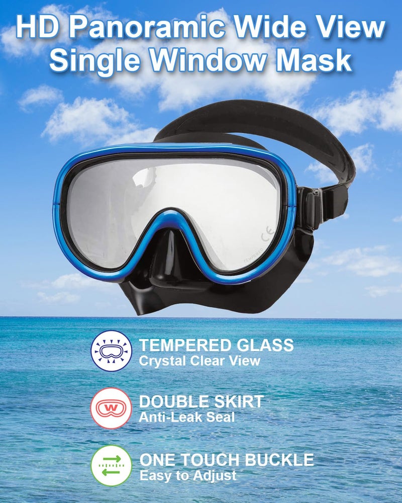 Reef Tourer RC0105 Adult Single-Window Mask & Snorkel Set, Semi-Dry Top, Purge Valve, Panoramic Wide View Tempered Glass Lens, Snorkeling Gear for Ages 10+ with Reusable Mesh Bag, Black/Metallic Blue - Image 3